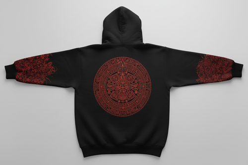 Aztec calendar hoodie flat lay showing back and cuff designs