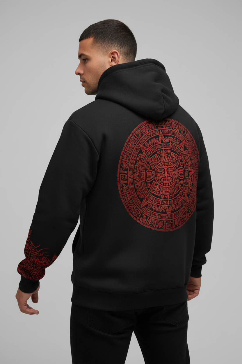 Model wearing Aztec calendar hoodie from behind showing back design and cuffs