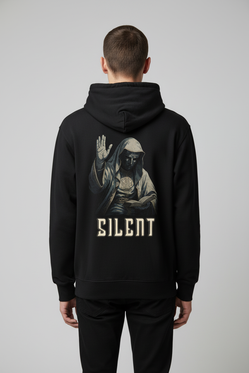 Model wearing Silent hoodie from behind