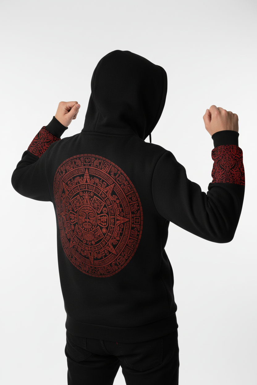 Aztec Calendar Hoodie - Red Abstract Design